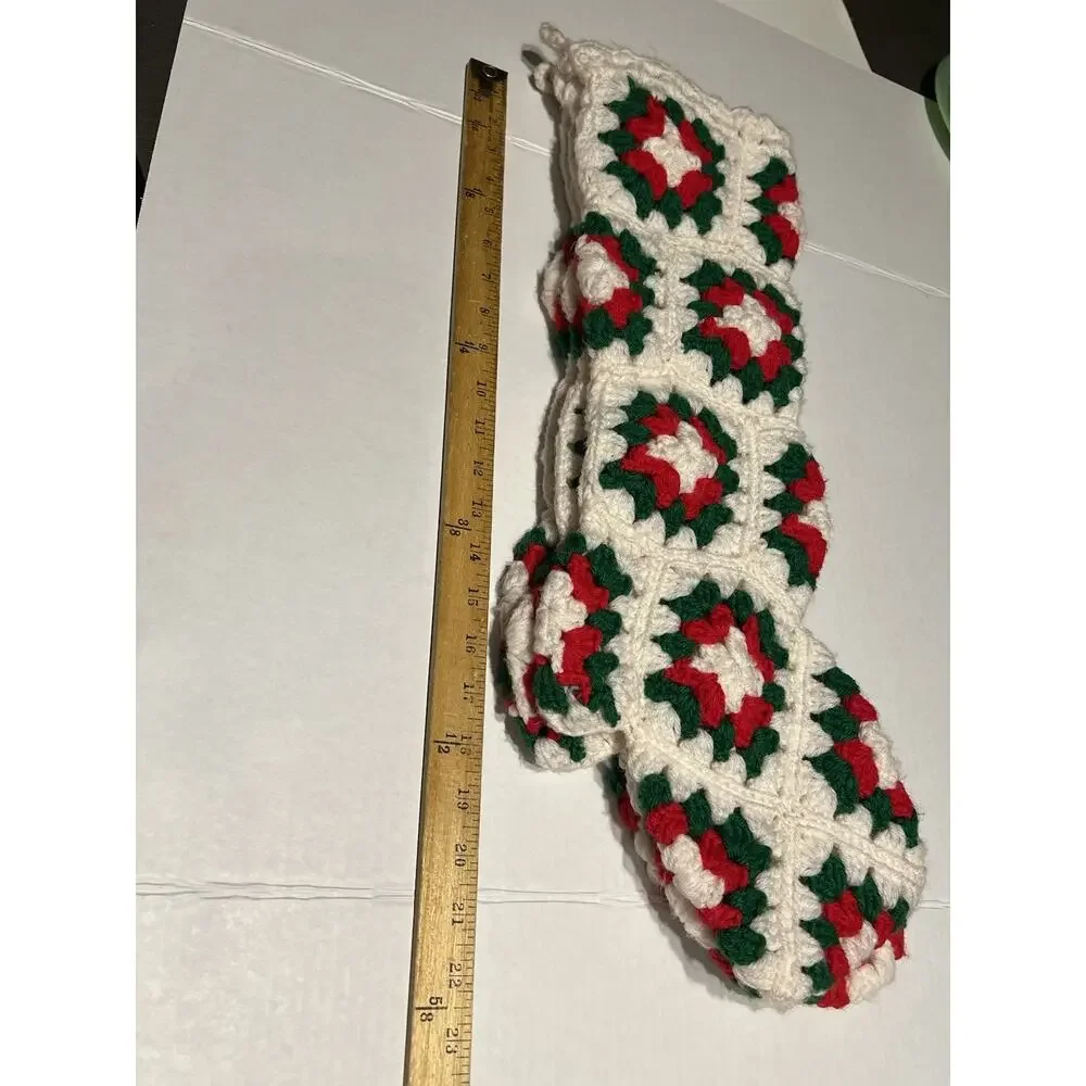 Vintage Lot of 3 Crochet Granny Square Christmas Stockings Red Green White Heels